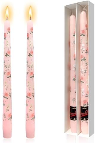 NJAO HOO Flower Candlesticks 10 in Straight Taper Candles Hand Printing Colored Pink Candlesticks Floral Tall Tapered Candle for Spring Home Garden Decor Simple Modern, 2Pcs by NJAOHOO