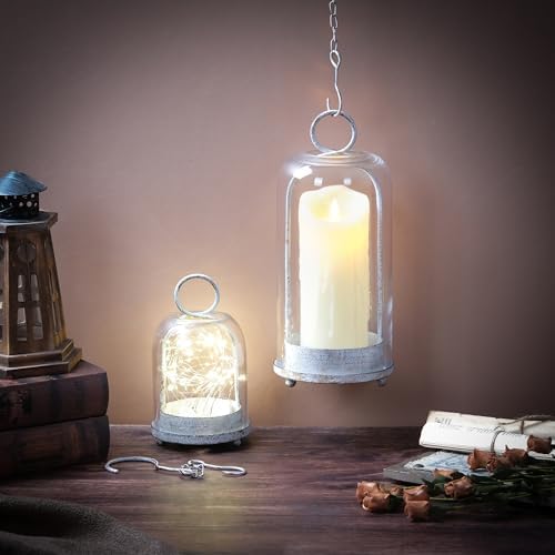 5" & 4" Wide Versatile Metal Candle Holder in Shabby White with Handmade Thick, Heavy & Sturdy Glass Dome for Pillar Candle, Industrial, Modern, Shelf, Mantel, Veranda, Porch - Image 5
