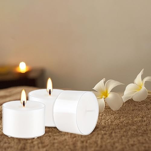 Set of 50 White Scented Tealight Candles Bulk, Vanilla Fragrance Wax with Clear Container, for Restaurant Dinner Weddings Baby Showers, Long Burning, 8 Hours - Image 5