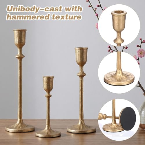 3Pcs Antique Brass Candlestick Holders, Iron Taper Candle Holder for Dining Table, Wedding, Fireplace Mantel Decor, Vintage Tall Candle Stands, Christmas & Home Decoration - Image 3