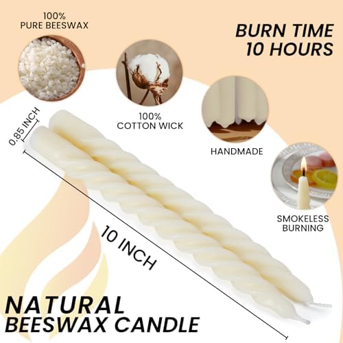 8PCS 10-Inch Pure Beeswax Spiral Taper Candles, Cream White, Dripless - Image 2