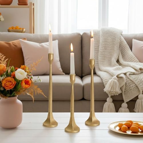 Vintage Gold Taper Candle Holders Set of 3 Cast Iron Brass Candlestick - Image 5