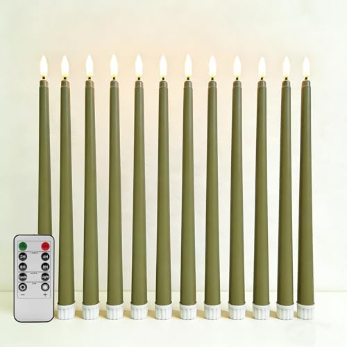 Olive Green Flameless Taper Candles with Remote Timer Set of 12 by Ni-JASW