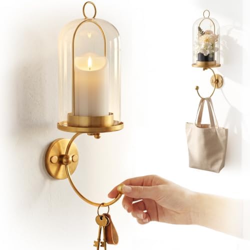 Metal Wall Hurricane Glass Candle Sconce Holder for Pillar Candle & Plant, Modern Farmhouse Decor Candle Lantern with Hand Towel Rack (Gold) by Unknown