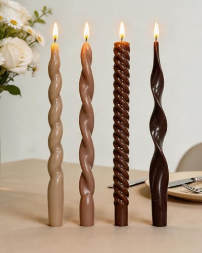 Brown Taper Candle Stick Spiral Taper Candle for Wedding Party Fall Decoration Home Dinner Decoration Unscented Candles,10inch,4 Pack by MAITREYA