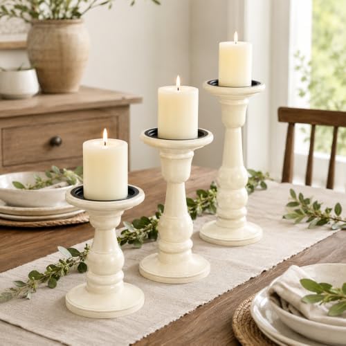 Wooden Pillar Candle Holders, White Antique, 10/8/6", Set of 3 - Image 3