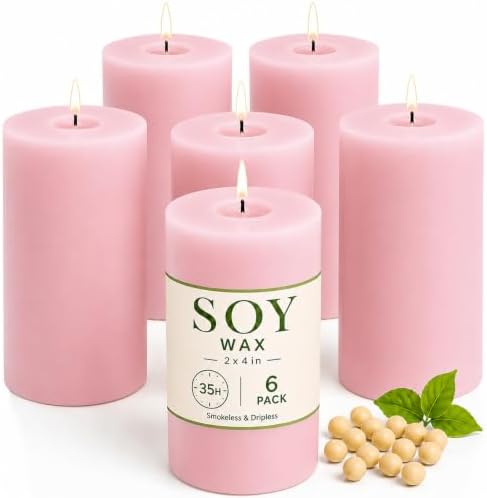 6 Pack Soy Pillar Candles, 2x4 Inch Unscented Pink Candles for Home Decor by TRIRITE