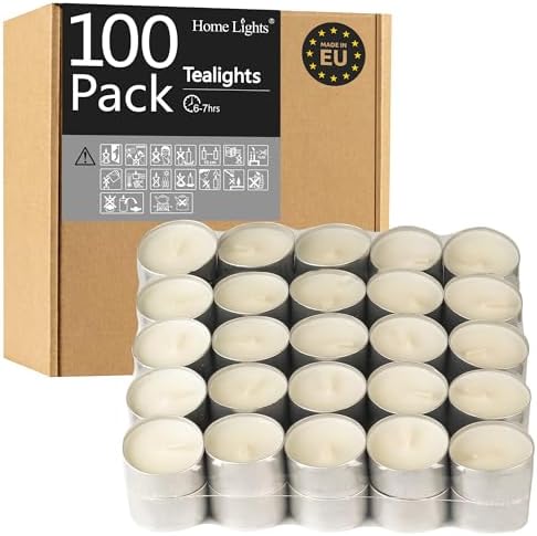 HomeLights Unscented White Tealight Candles -100 Pack, 6 to 7 Hour Burn Time Smokeless, Mini Votive Paraffin Candles with Cotton Wicks for Shabbat, Weddings, Christmas, Home Decor by HomeLights