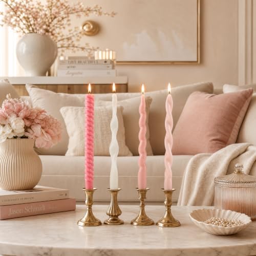4 Pack Twisted Taper Candles Unscented Dripless Spiral Candlesticks Smokeless Swirl Wax Colorful Decorative Candle Sticks for Wedding Dinner Party Home Decor (Pastel Pink White, 9.7 inch) - Image 6