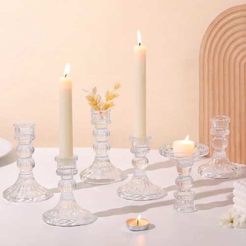DARJEN 6Pcs Clear Candlestick Holders Set - 4" H & 5" H Striped Taper Candle Holders Bulk, Glass Candle Holders for Wedding, Festival, Party, Table Centerpiece, Gifts by DARJEN