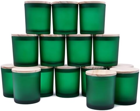 SHOWIN 8 OZ Thick Candle Jars for Making Candles 15 Pcs, Empty Jars with Wood Lids for Candle Making, Sample Container, Frosted Green by Showin