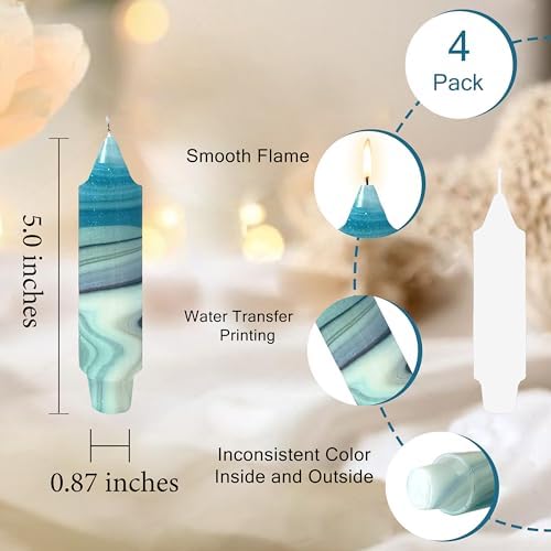 5 inch Short Candle Blue Quicksand Print Candle 4 Pack Handmade Unscented Taper Candles Printed Candlestick Smokeless Tapered Candles for Home Dinner Wedding Holiday - Image 4