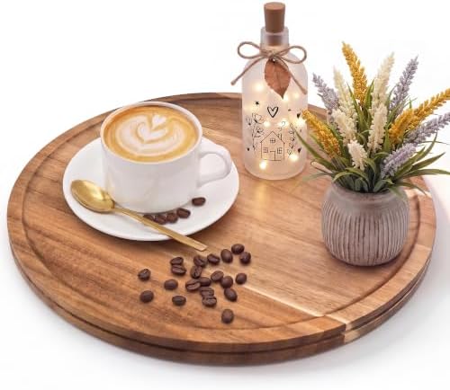 14.9" Round Wooden Serving Tray Large Wood Decor Tray Coffee Table Living Room Kitchen Counter Ottoman Tray Circle Candle Holder Decorative Trays by Unknown