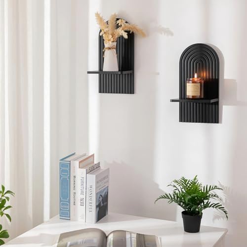 Black Wall Candle Holder: Wood Arch Candle Sconces Set of 2 - Image 6