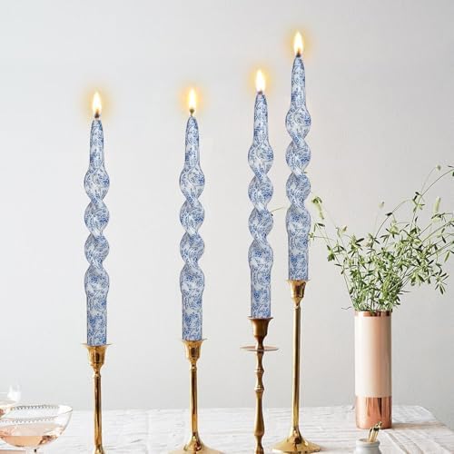 Spiral Print Taper Candles-Blue Floral Unscented Candle Long 10 Inch Flower Tapered Candlestick for Family Gatherings Weddings Restaurant Holiday Decorations Set of 4 - Image 4