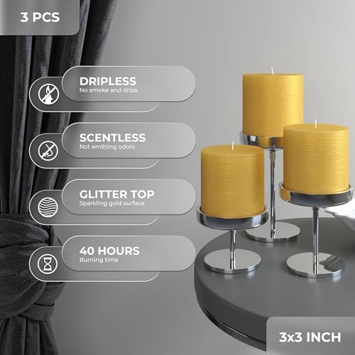 CANDWAX 3x3 Inch Gold Pillar Candles Set of 3 - Unscented No Drip Glitter Gold Candles for Weddings, Centerpieces, Home Décor, Christmas Decorations - Image 3