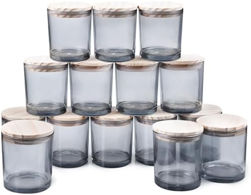 SHOWIN 10 OZ Thick Candle Jars for Making Candles 15 Pcs, Empty Jars with Wood Lids for Candle Making, Sample Container, Grey by Showin
