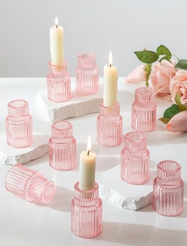 Romadedi 10-Pack Pink Ribbed Glass Taper Candle Holders, 2.76 in by ROMADEDI