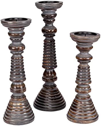 Rustic Candle Holder Set of 3 – 10", 8", 6" – Burnt Finish Wooden Pillar Stands for Wedding, Party, Home Décor, Spa – Country Style Gift for Table Centerpiece by TheWoodenTown