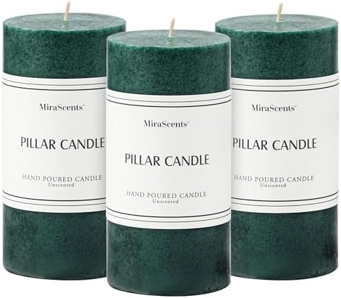 3x6 Inch Green Pillar Candles Set of 3, Unscented Hand-Poured Pillar Candle by MiraScents