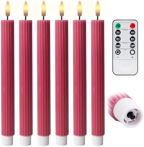 6 Pack, 10" LED Flameless Real Wax Pink Ribbed Taper Candles w/Remote Controller, On/Off Button, Dimmable, Flicker/Static Mode, Battery Operated, Holiday Christmas Menorah Wedding Decor - Image 3