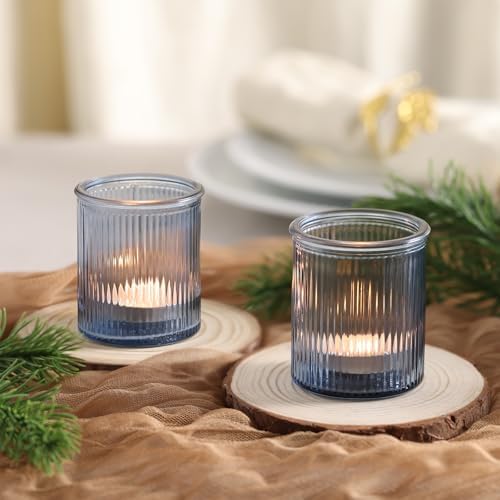 NITIME 32Pcs Ribbed Blue Votive Candle Holders, Tea Light Candle Holders for Table Centerpiece, Blue Candle Holders for Wedding Decor,Home and Holiday Decor - Image 3