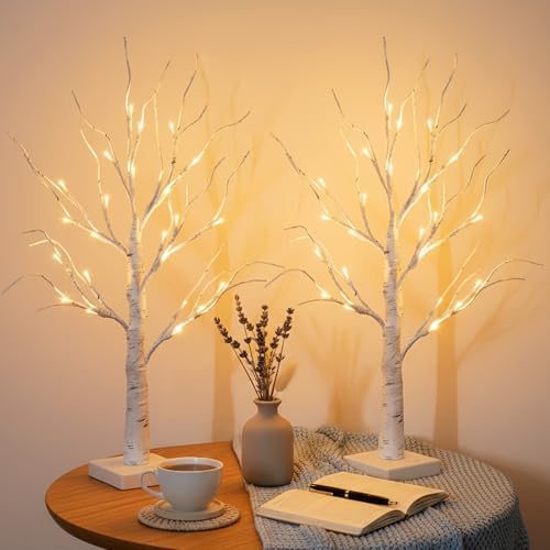 EAMBRITE Christmas Decorations Indoor Lighted Birch Tree Home Decor, 2Pack 24 LED Light Up Tabletop Mini Small Artificial White Trees Lamp with Lights Battery Operated/USB for Winter Table Mantel 2FT - Image 2