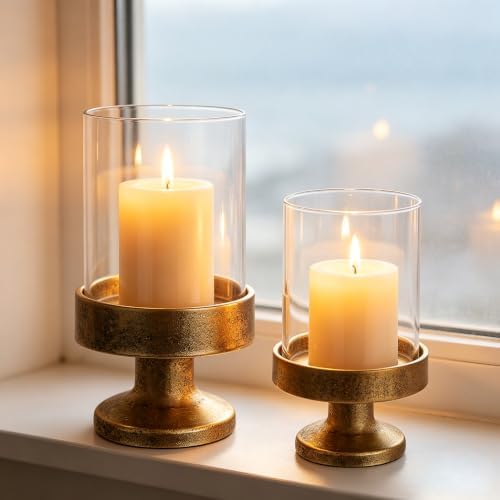 Set of 2 Glass Hurricane Candle Holders for Pillars with Metal Base in Antique Gold, Glass Candle Holder, Centerpiece, for Weddings, Dinner Parties, Dining Tables, Console Tables, Mantels - Image 3