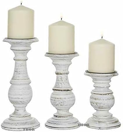 White Pillar Candle Holder Set of 3 - Farmhouse Wood Candle Stand, Mantle Decor Centerpieces for Fireplace, Living or Dining Room Table 6 X 8 X 10 Inch - Image 2