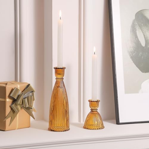 Vertical Stripe Candlestick Holders Set of 3, Premium Glass Candle Holders for Candlesticks and Taper Candles, Vintage Candle Holder Decor for Table Centerpiece, Amber - Image 3
