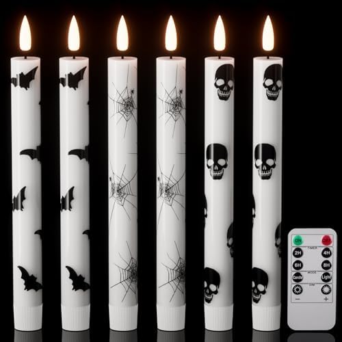Wondise Halloween Flameless Taper Candles with Remote & Timer, Battery Operated with Spider Web, Bats, Skull, Real Wax 3D Wick LED Candles for Halloween Decorations by Wondise