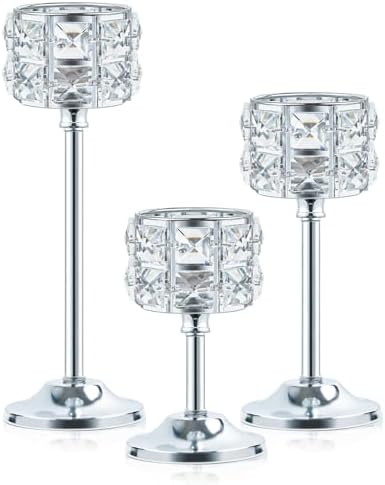 Crystal Metal Candle Holder, Square Crystal Beads Bling Tea Light Candlestick, Tall Votive Candelabra Elegant Centerpiece for Table Wedding Decoration, Home Decor (Silver, Set of 3) - Image 2