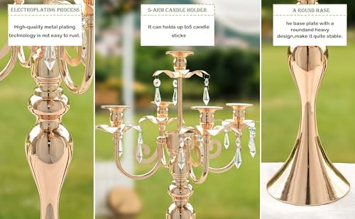 20.3'' Tall 5 Arm Gold Candelabra Centerpiece for Table, Metal &Crysyal Candle Holder, Retro Candelabra/Candlestick Table Centerpieces for Party, Events, Home, Wedding Decor (1pc, Gold) - Image 5