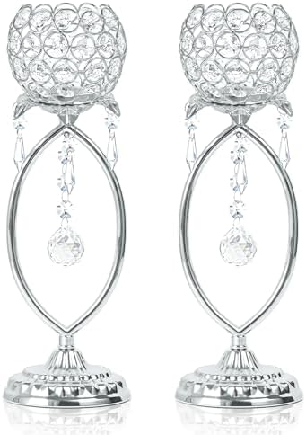 2 Pcs Silver Elegant Metal Crystal Tea Light Candle Holders with Crystal Pendants, Hollow Design - Wedding Table Centerpieces for Anniversary Birthday Party, Home Decor by kehail