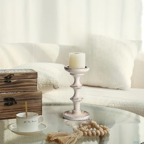 Pillar Candle Holder, 1 Pack Wooden Candlestick Holder for Pillar Candles, 8.2 Inch Distressed White Tall Candle Holder, Rustic Farmhouse Mantel Decor for Fireplace, Living Room, Dining Table - Image 3