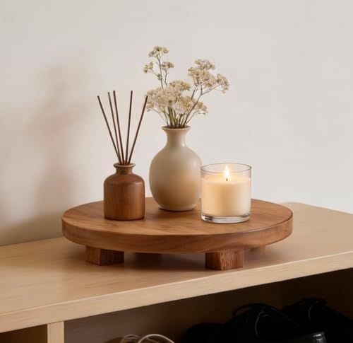 Kurrajong Farmhouse footed wooden stand. 10" wide and 2" high round Acacia Wood Riser. Wooden pedestal stand for Kitchen Counter, Coffee Station, Bathroom, Plants, Candles. Rustic Countertop Riser board - Image 4
