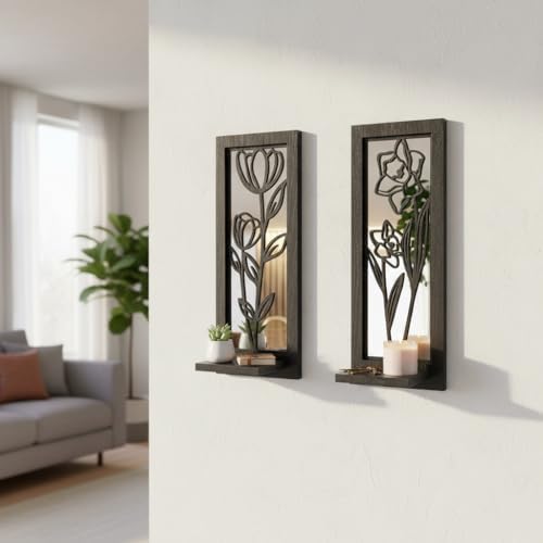 ZEXUIRU 2 Set Rustic Candle Sconces Living Room Bedroom Entryway Wood Mirrored, Farmhouse, Carved Frame Wall-Mount Wooden Candle Holders Wall Decor Hanging Handmade Holder - Black - Image 5