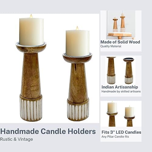 Perilla Home Wooden Pillar Candle Holders Set of 2 - Home Decor Candle Holder Centerpiece - for, Taper Candles, Dining Table Candle Holder Halloween, Home Decor, Candlesticks - Rustic Brown - Image 2