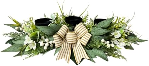 Svndlyn 26 Inch 3 Candle Holder Centerpiece with Greenery and Striped Bow by Svndlyn