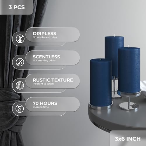 CANDWAX Large Pillar Candles 3x6 Inch – Set of 3 Unscented Dripless Dark Blue Candles, Rustic Finish for Weddings, Home Interior, Centerpieces - Image 2