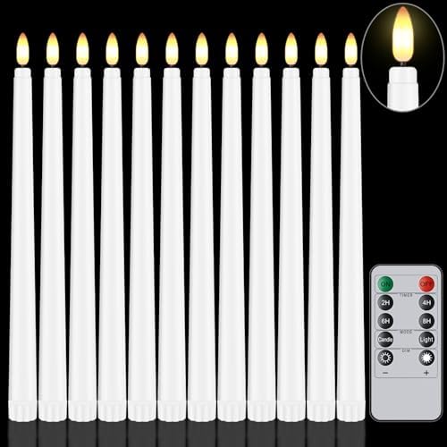 12 Pcs Flameless Taper Candles with Remote Timer, 11" Long Battery Operated Taper Candles, Flickering 3D Flame, Plastic Fake LED Candlesticks for Home Wedding Party Holiday Decor, White by Unknown