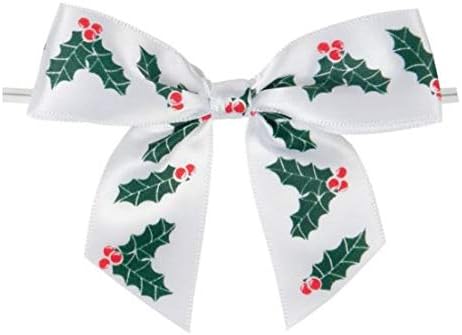 Weststone - Qty 50pcs 3 1/2" Large Size Christmas Pre-Tied Bow, Twist Tie Bows Satin Bowtie Set for Food & Gift Package in Christmas, Halloween, Birthdays, Weddings Party (Christmas Holly Tree)