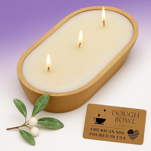 Dough Bowl Candle Co. Winterberry Soy Candle - 3 Wick Rustic Farmhouse Decor Odor Eliminator in Wooden Bowl, 20 Ounce, All-Natural Gift for Women and Men, Coffee Table Decor by Dough+Bowl+Candle+Company
