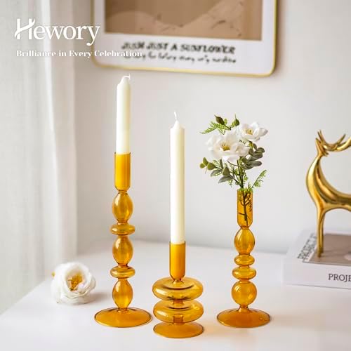 Hewory Amber Taper Candle Holders Set, 3 PCS Glass Candlestick Holders - Image 2