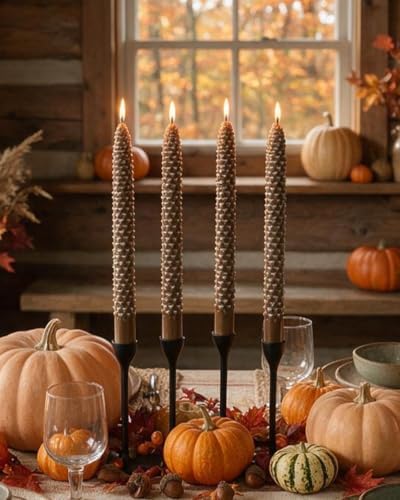 10 Inch Fall Brown Taper Candles Christmas Pinecone Candles Smokeless Unscented Candlestick for Thanksgiving Christmas Winter Holiday Decoration-4Pack,White Trim by MAITREYA