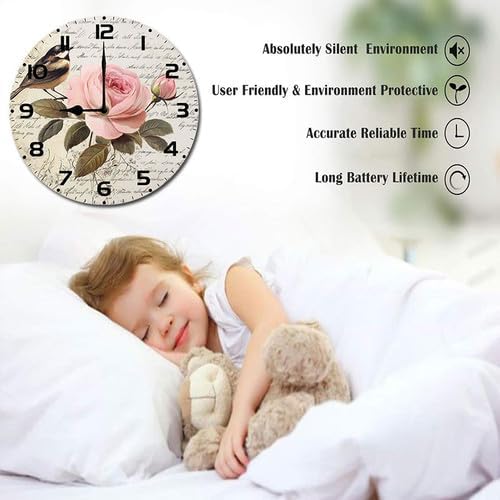 Love Birds Roses Flowers Wooden Silent Non-Ticking 10 Inch Round Clocks Battery Operated Analog for Living Room Kitchen Bedroom Bathroom Office Home School Decor