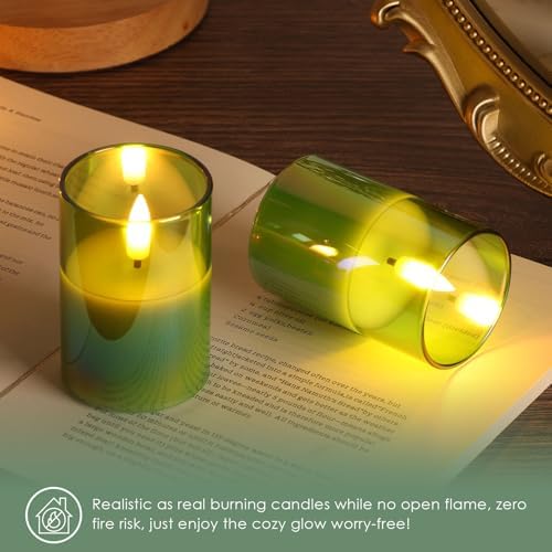 Green Christmas Flameless Votive Candles with Remote Batteries, Glass Flickering LED Battery Candles Set of 6 Φ 2" H 3" - Image 6