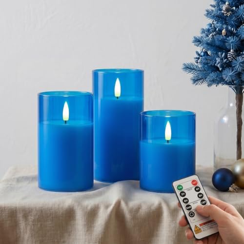Amagic Blue Glass Flameless LED Candles Battery Operated with Remote Timer by AMAGIC
