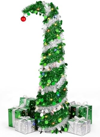 5 ft Christmas Whimsical Pop up Curved Tree with 100 LED Light String Decorations Curved Plastic Tree Lime Green Tinsel for Xmas Home, Apartment, Office by BTU