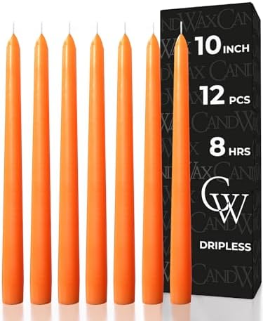 CANDWAX 10 inch Orange Taper Candles Set of 12 — Dripless Unscented Orange Candlesticks for Halloween Decorations, Dinner Table Centerpiece or Thanksgiving Décor by CANDWAX